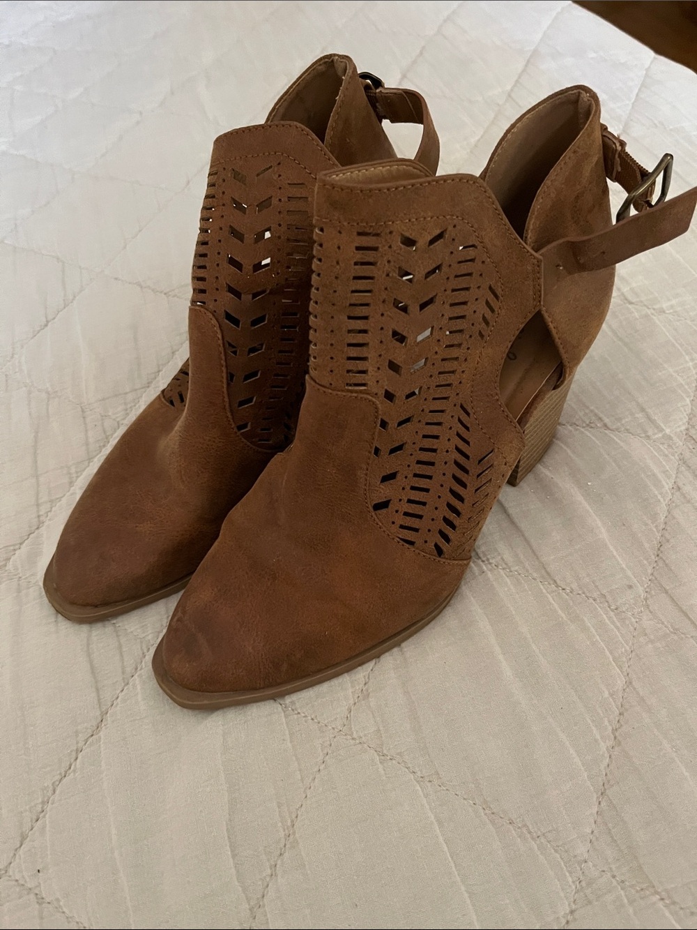 Women’s Tan Suede Cutout Ankle Booties with Buckle Strap